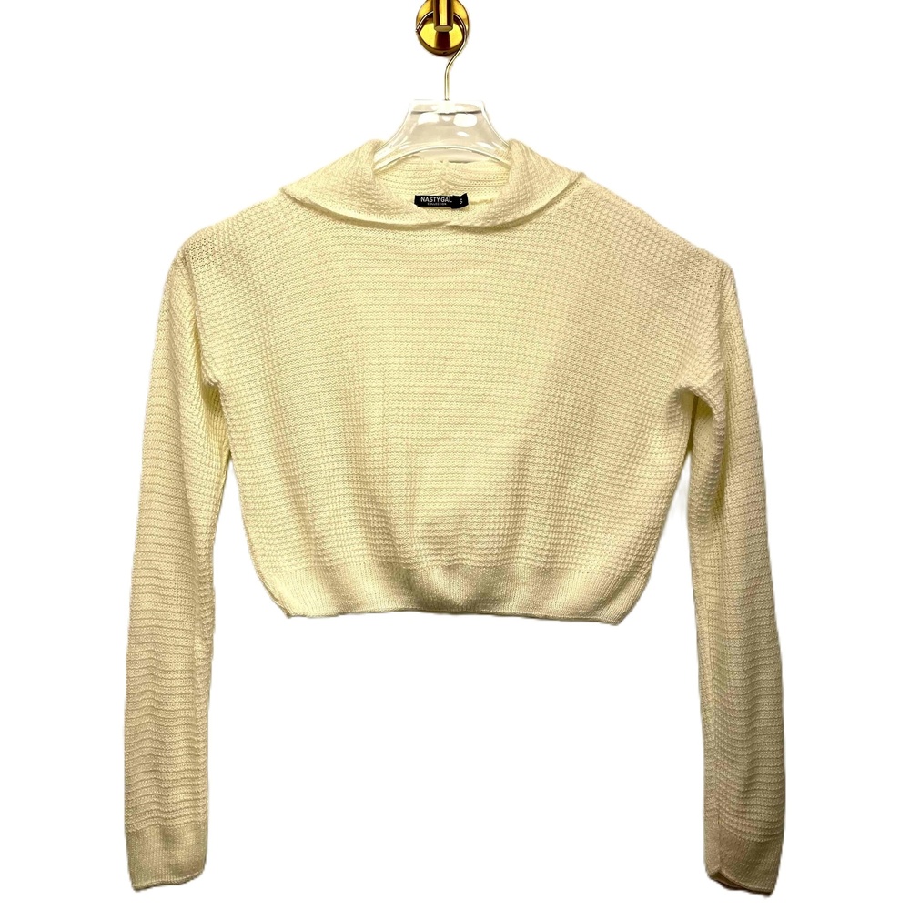 Nasty Gal Sweater High Neck Cropped Ribbed Texture | White/Cream | Sz S